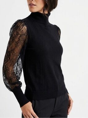 EQUIPMENT Femme Black Wool Silk Turtleneck Sweater Sheer Lace Sleeves Long Cuffs
